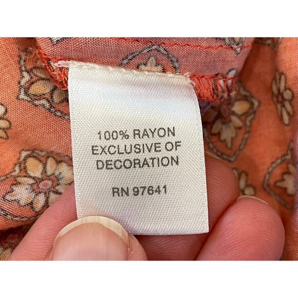 J. Jill Orange Floral Print Short Sleeve Button Down Blouse, Boho, Tassels, XL - Picture 9 of 12